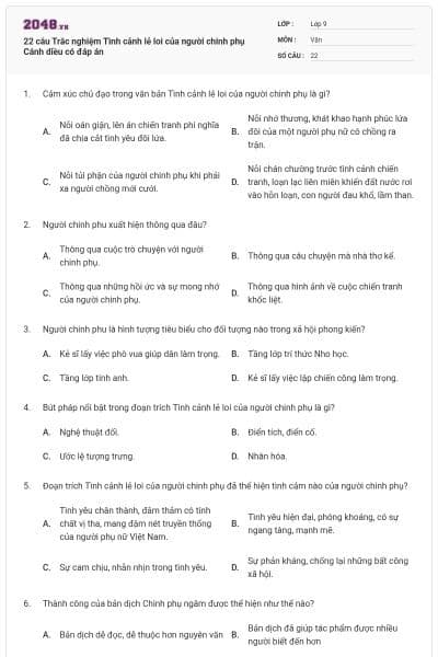 22 câu Trắc nghiệm Tình cảnh lẻ loi của người chinh phụ Cánh diều có đáp án