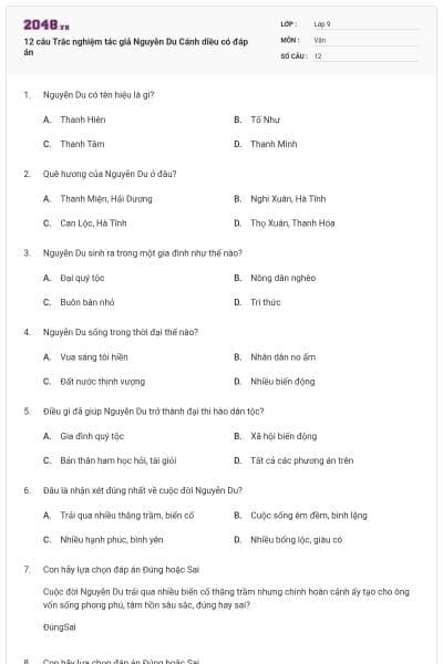 12 câu Trắc nghiệm tác giả Nguyễn Du Cánh diều có đáp án