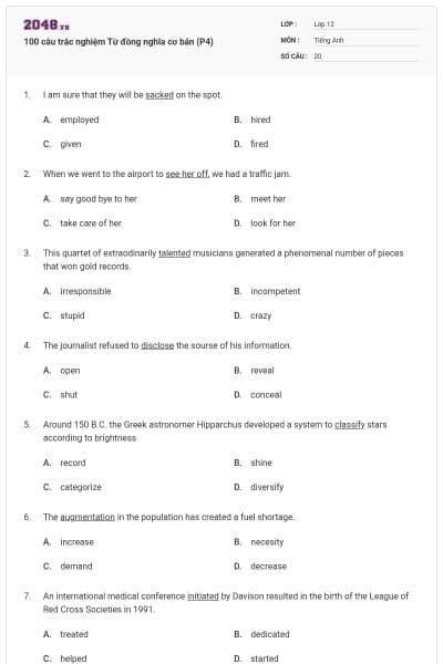100 câu trắc nghiệm Từ đồng nghĩa cơ bản (P4)