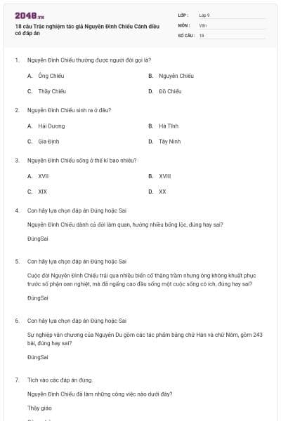 18 câu Trắc nghiệm tác giả Nguyễn Đình Chiểu Cánh diều có đáp án