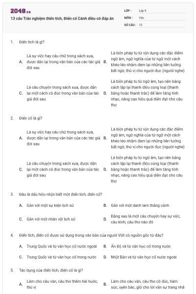 13 câu Trắc nghiệm Điển tích, Điển cố Cánh diều có đáp án