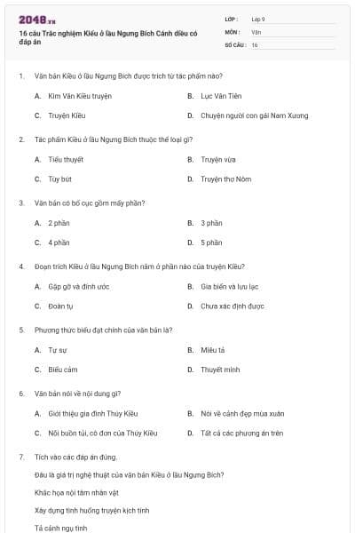 16 câu Trắc nghiệm Kiểu ở lầu Ngưng Bích Cánh diều có đáp án