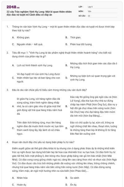 22 câu Trắc nghiệm Vịnh Hạ Long: Một kì quan thiên nhiên độc đáo và tuyệt mĩ Cánh diều có đáp án