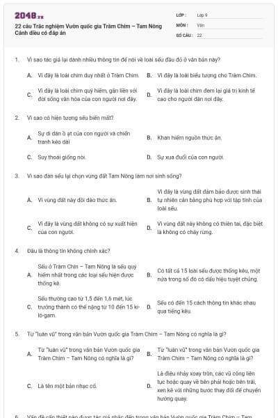 22 câu Trắc nghiệm Vườn quốc gia Tràm Chim – Tam Nông Cánh diều có đáp án