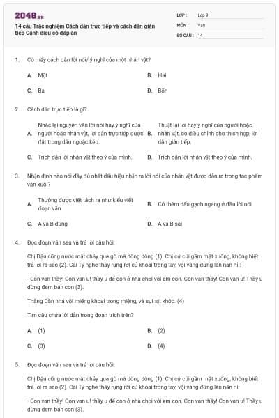 14 câu Trắc nghiệm Cách dẫn trực tiếp và cách dẫn gián tiếp Cánh diều có đáp án