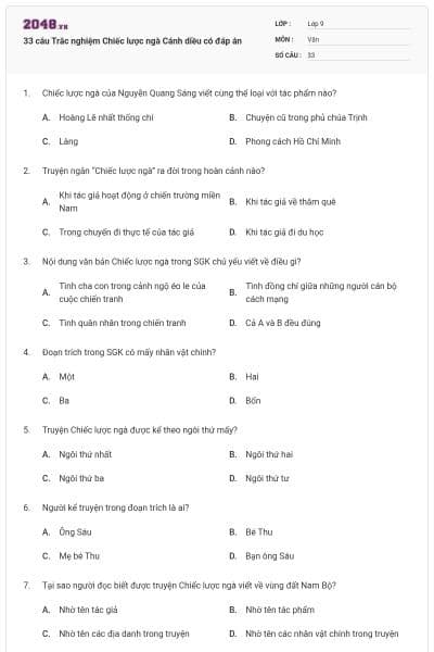 33 câu Trắc nghiệm Chiếc lược ngà Cánh diều có đáp án