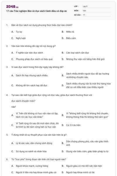 17 câu Trắc nghiệm Bàn về đọc sách Cánh diều có đáp án