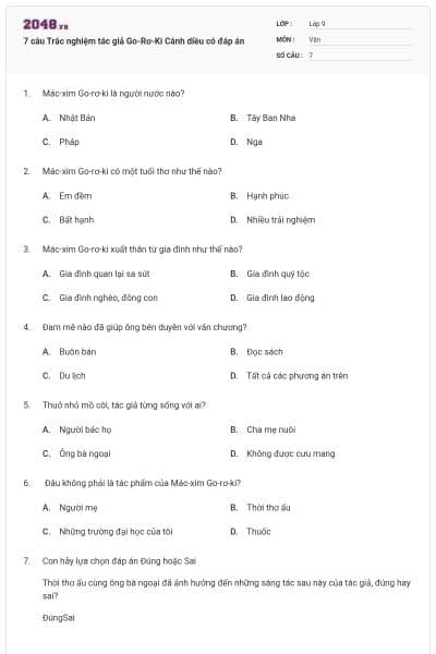 7 câu Trắc nghiệm tác giả Go-Rơ-Ki Cánh diều có đáp án