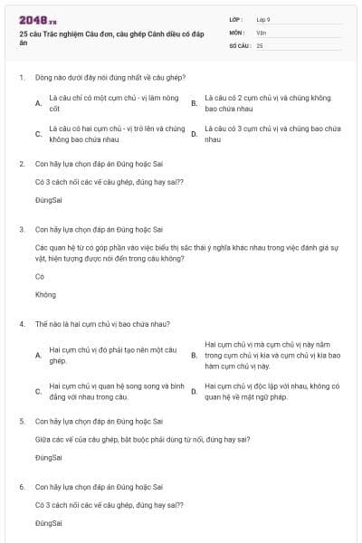 25 câu Trắc nghiệm Câu đơn, câu ghép Cánh diều có đáp án