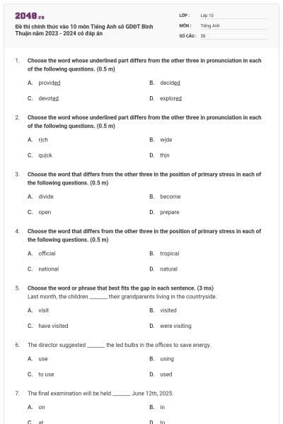 Đề thi chính thức vào 10 môn Tiếng Anh sở GDĐT Bình Thuận năm 2023 - 2024 có đáp án