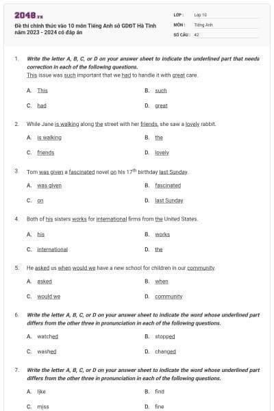 Đề thi chính thức vào 10 môn Tiếng Anh sở GDĐT Hà Tĩnh năm 2023 - 2024 có đáp án
