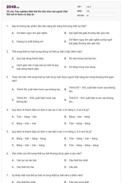 20 câu Trắc nghiệm Một thể thơ độc đáo của người Việt Kết nối tri thức có đáp án