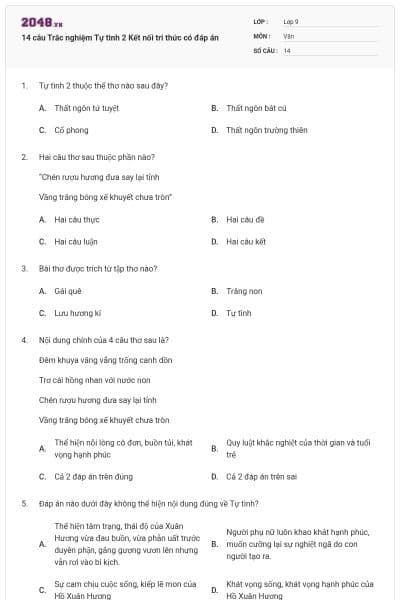 14 câu Trắc nghiệm Tự tình 2 Kết nối tri thức có đáp án