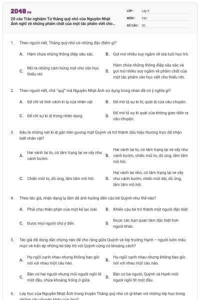 20 câu Trắc nghiệm Từ thằng quỷ nhỏ của Nguyễn Nhật Ánh nghĩ về những phẩm chất của một tác phẩm viết cho thiếu nhi Kết nối tri thức có đáp án