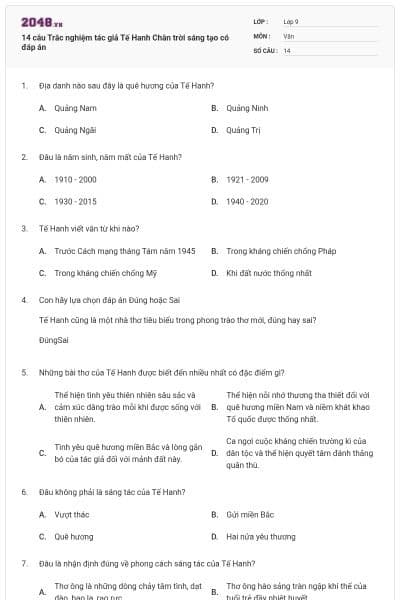 14 câu Trắc nghiệm tác giả Tế Hanh Chân trời sáng tạo có đáp án