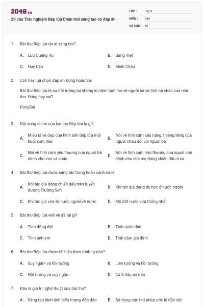 29 câu Trắc nghiệm Bếp lửa Chân trời sáng tạo có đáp án