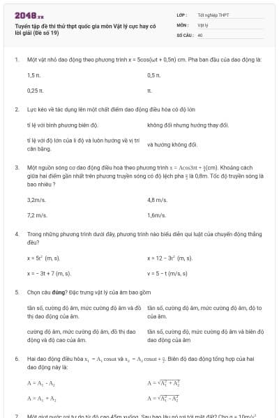Tuyển tập đề thi thử thpt quốc gia môn Vật lý cực hay có lời giải (Đề số 19)