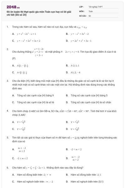 Đề ôn luyện thi thpt quốc gia môn Toán cực hay có lời giải chi tiết (Đề số 20)