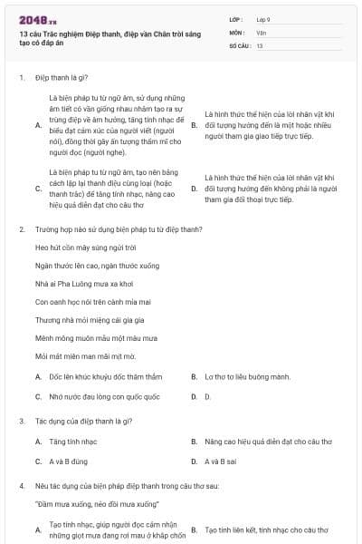 13 câu Trắc nghiệm Điệp thanh, điệp vần Chân trời sáng tạo có đáp án