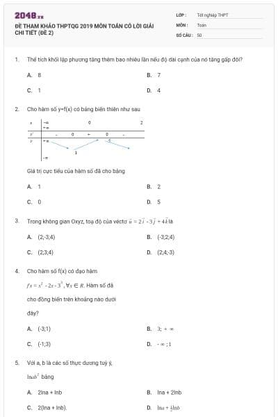 ĐỀ THAM KHẢO THPTQG 2019 MÔN TOÁN CÓ LỜI GIẢI CHI TIẾT (ĐỀ 2)