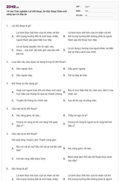 14 câu Trắc nghiệm Lời đối thoại, lời độc thoại Chân trời sáng tạo có đáp án