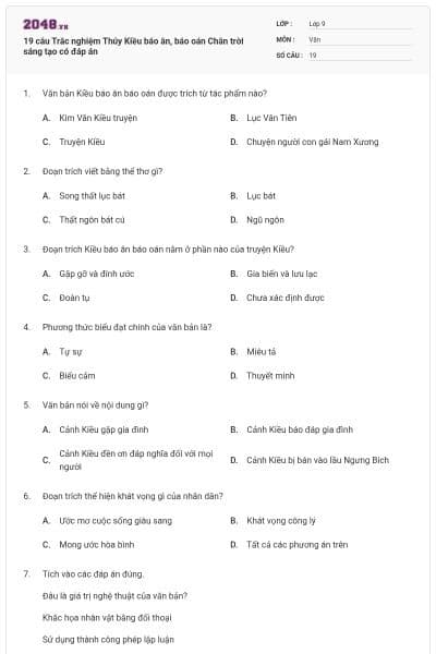 19 câu Trắc nghiệm Thúy Kiều báo ân, báo oán Chân trời sáng tạo có đáp án