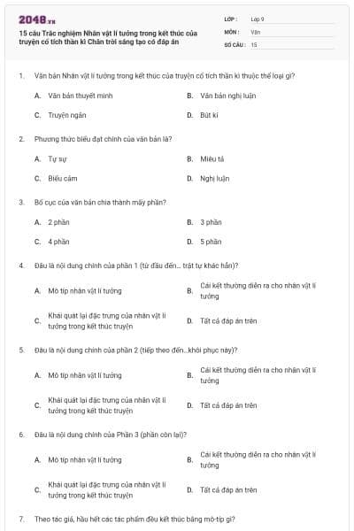 15 câu Trắc nghiệm Nhân vật lí tưởng trong kết thúc của truyện cổ tích thần kì Chân trời sáng tạo có đáp án