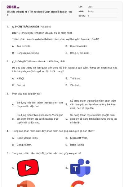 Bộ 3 đề thi giữa kì 1 Tin học lớp 5 Cánh diều có đáp án - Đề 1