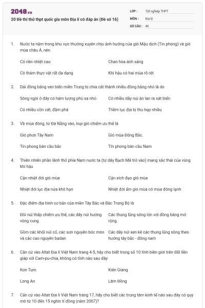 20 Đề thi thử thpt quốc gia môn Địa lí có đáp án (Đề số 16)