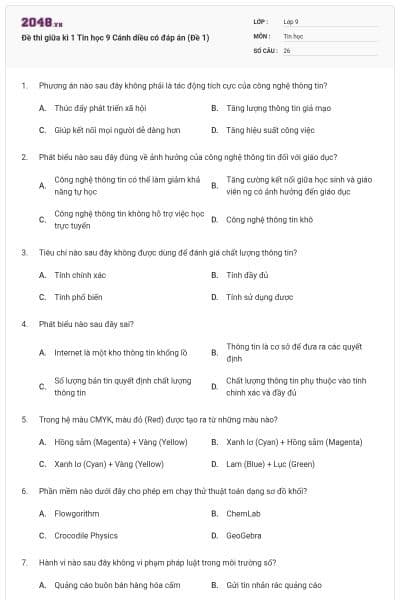 Đề thi giữa kì 1 Tin học 9 Cánh diều có đáp án (Đề 1)