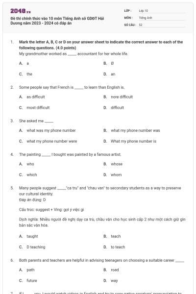 Đề thi chính thức vào 10 môn Tiếng Anh sở GDĐT Hải Dương năm 2023 - 2024 có đáp án
