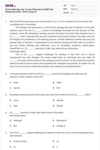 Đề thi chính thức vào 10 môn Tiếng Anh sở GDĐT Hải Phòng năm 2023 - 2024 có đáp án