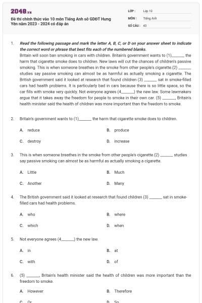 Đề thi chính thức vào 10 môn Tiếng Anh sở GDĐT Hưng Yên năm 2023 - 2024 có đáp án
