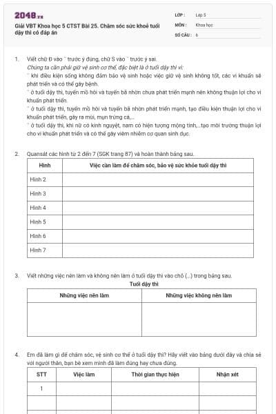 Giải VBT Khoa học 5 CTST Bài 25. Chăm sóc sức khoẻ tuổi dậy thì có đáp án