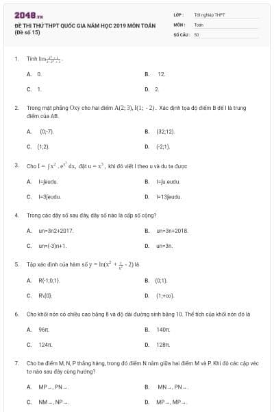 ĐỀ THI THỬ THPT QUỐC GIA NĂM HỌC 2019 MÔN TOÁN (Đề số 15)