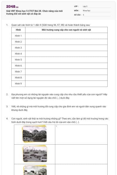 Giải VBT Khoa học 5 CTST Bài 28. Chức năng của môi trường đối với sinh vật có đáp án