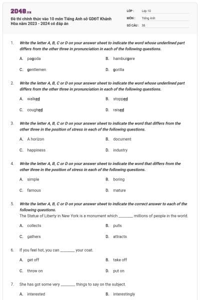 Đề thi chính thức vào 10 môn Tiếng Anh sở GDĐT Khánh Hòa năm 2023 - 2024 có đáp án