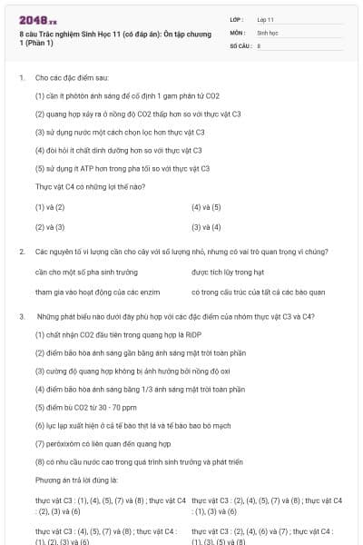 8 câu  Trắc nghiệm Sinh Học 11 (có đáp án): Ôn tập chương 1 (Phần 1)