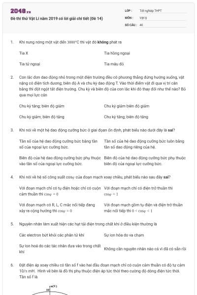 Đề thi thử Vật Lí năm 2019 có lời giải chi tiết (Đề 14)