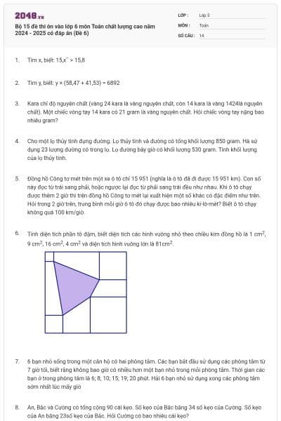 Bộ 15 đề thi ôn vào lớp 6 môn Toán chất lượng cao năm 2024 - 2025 có đáp án (Đề 6)