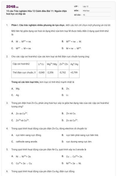 15 câu Trắc nghiệm Hóa 12 Cánh diều Bài 11: Nguồn điện hoá học có đáp án