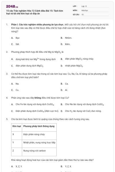 15 câu Trắc nghiệm Hóa 12 Cánh diều Bài 15: Tách kim loại và tái chế kim loại có đáp án