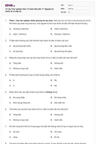 15 câu Trắc nghiệm Hóa 12 Cánh diều Bài 17: Nguyên tố nhóm IA có đáp án