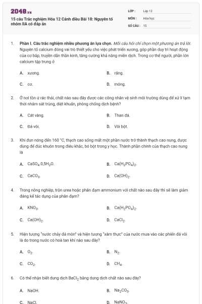 15 câu Trắc nghiệm Hóa 12 Cánh diều Bài 18: Nguyên tố nhóm IIA có đáp án