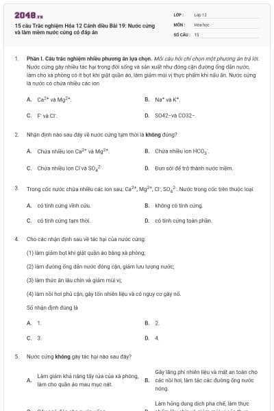 15 câu Trắc nghiệm Hóa 12 Cánh diều Bài 19: Nước cứng và làm mềm nước cứng có đáp án