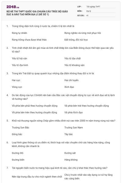 BỘ ĐỀ THI THPT QUỐC GIA CHUẨN CẤU TRÚC BỘ GIÁO DỤC & ĐÀO TẠO MÔN ĐỊA LÍ (ĐỀ SỐ 1)