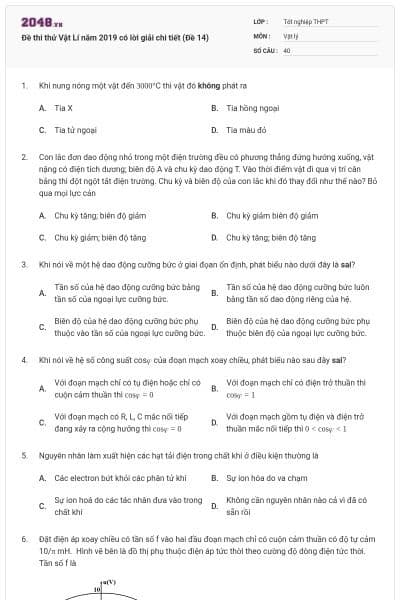 Đề thi thử Vật Lí năm 2019 có lời giải chi tiết (Đề 14)