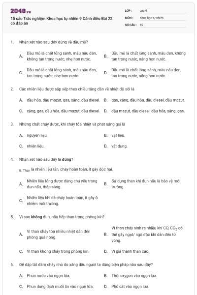 15 câu Trắc nghiệm Khoa học tự nhiên 9 Cánh diều Bài 22 có đáp án