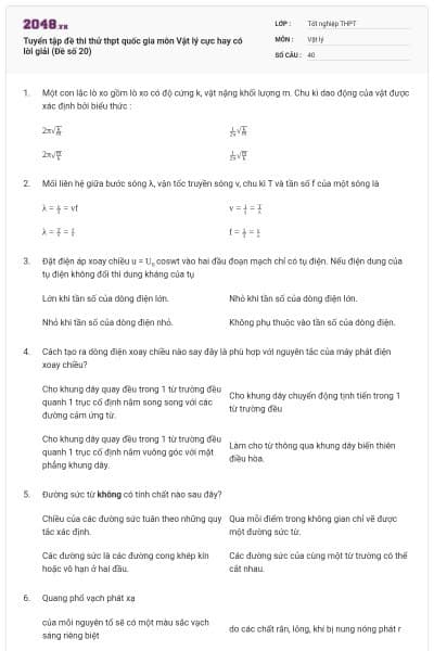 Tuyển tập đề thi thử thpt quốc gia môn Vật lý cực hay có lời giải (Đề số 20)