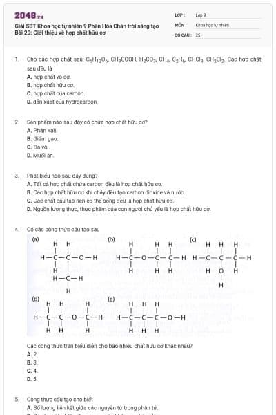 Giải SBT Khoa học tự nhiên 9 Phần Hóa Chân trời sáng tạo Bài 20: Giới thiệu về hợp chất hữu cơ